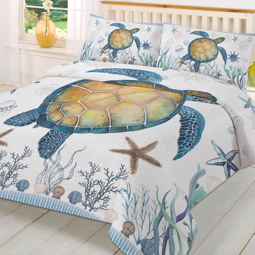 Sea Turtle Blue Starfish Shell Duvet Cover With Pillow Case Custom 3pcs Bedding Set Quilt Cover Double Bed Home Textile