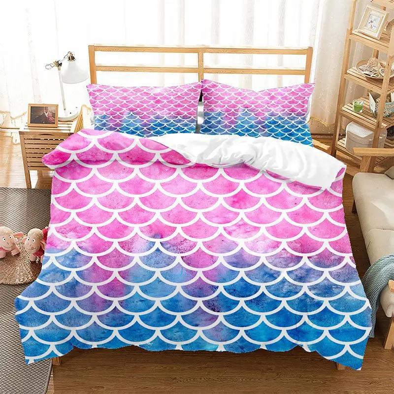 Comforter Mermaid Fish Scales Magical Colorful Seamless Pattern With Fish Scale Net Print Bedding Set Microfiber