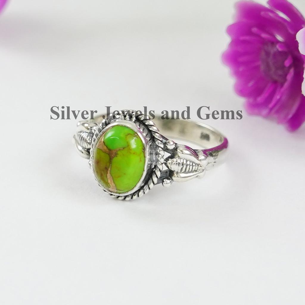 Green Turquoise Ring, 925 Sterling Silver Oval Copper Turquoise Ring, Wedding Gift, Birthstone Ring, Handmade Ring for Gift, Gemstone Ring
