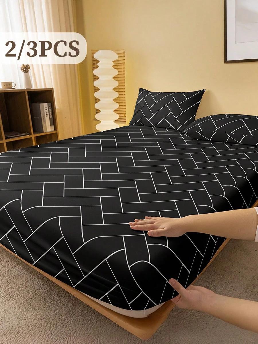

3pcs Line Art Fitted Sheet Set Minimalist Style Flat Sheet With 2 Pillowcases Black And White Modern Geometric Design Room Decor 200x220x25cm