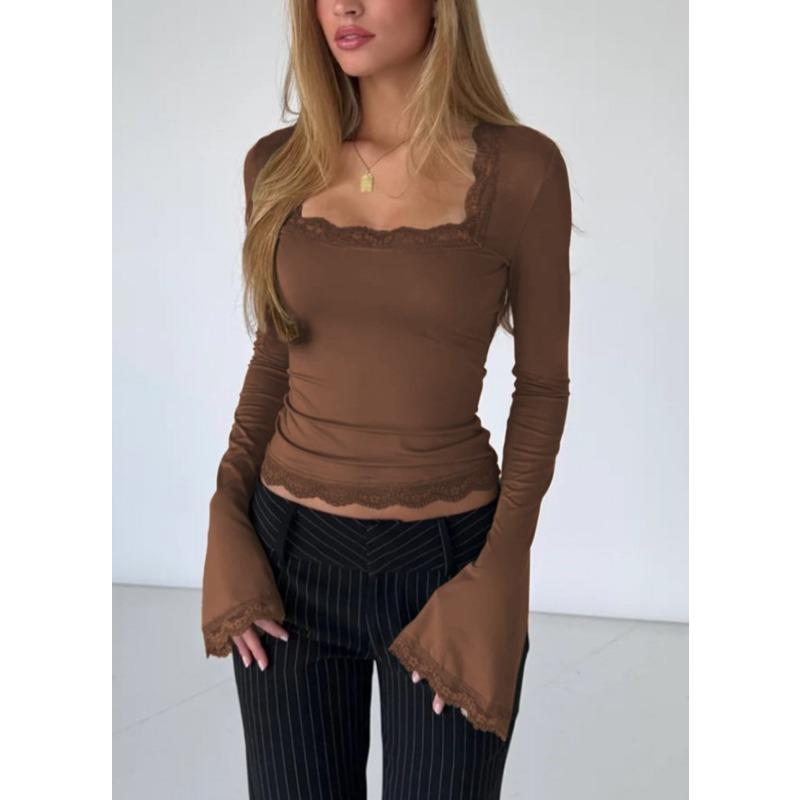 Women's White Square Neck Lace Trim Flare Sleeve Slim Fit Long Sleeve Top