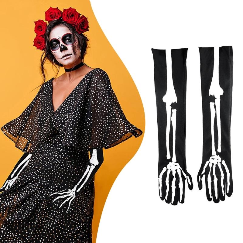Halloween Skeleton Gloves Short Long Full Finger Bone Print Mittens Dress Party Costume Accessories for Women Men