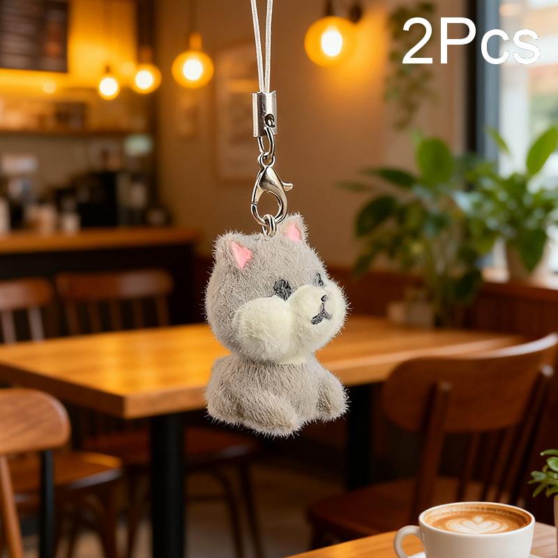 2Pcs Cute Flocking Resin Dog Keychains Bag Pendant Cartoon Animal Mobile Phone Lanyard Accessories Hanging Decoration