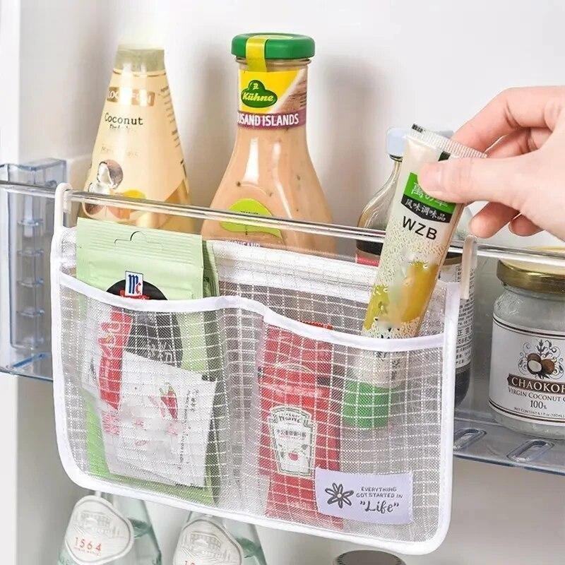 1pc Refrigerator Door Organizer Fridge Hanging Mesh Bag For Kitchen Storage Bag