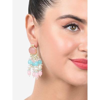 Pink & Turquoise Stone & Cluster Beads Yellow  Drop Earring For Women
