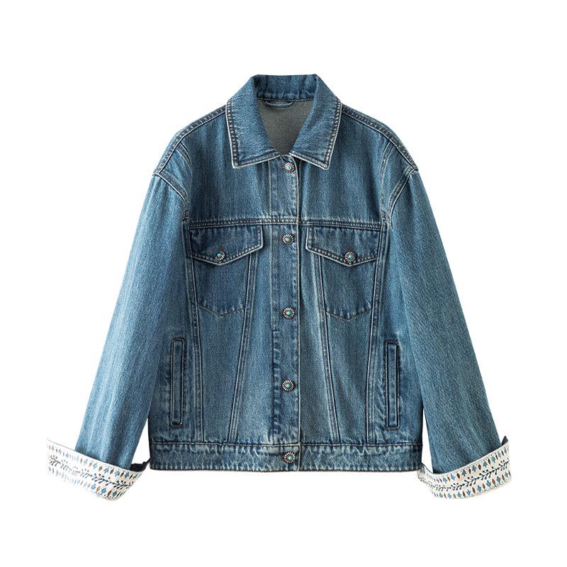 Xin Ge Damen Retro Patchwork Jeansjacke mit Aufschlagmanschetten - Herbst Blau Print Design