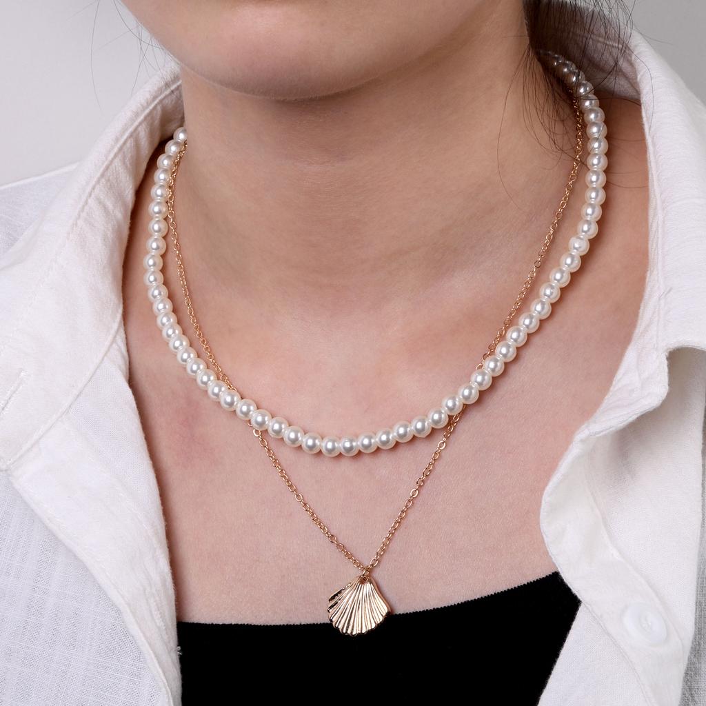 Doppelschichtige Halskette mit Retro-Temperament und Muschelform, einfache, geschichtete Halskette mit Persönlichkeit und Temperament