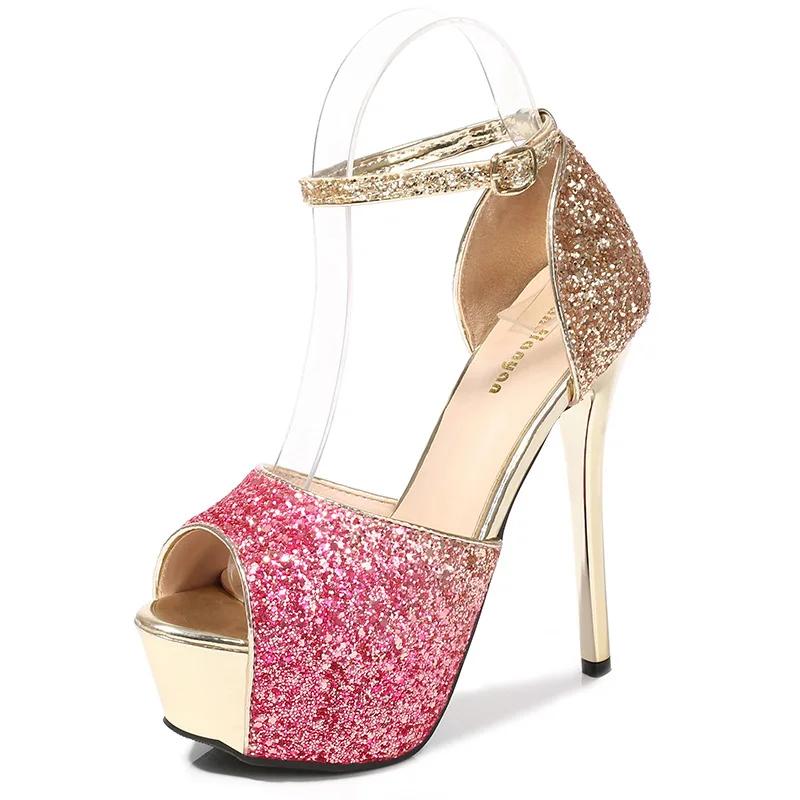 Fashion Comemore Summer Women Peep Toe Sandals Gradient Color Platform Bling Sequin High Heels 14CM Stiletto Nightclub Pole Dancing Shoe
