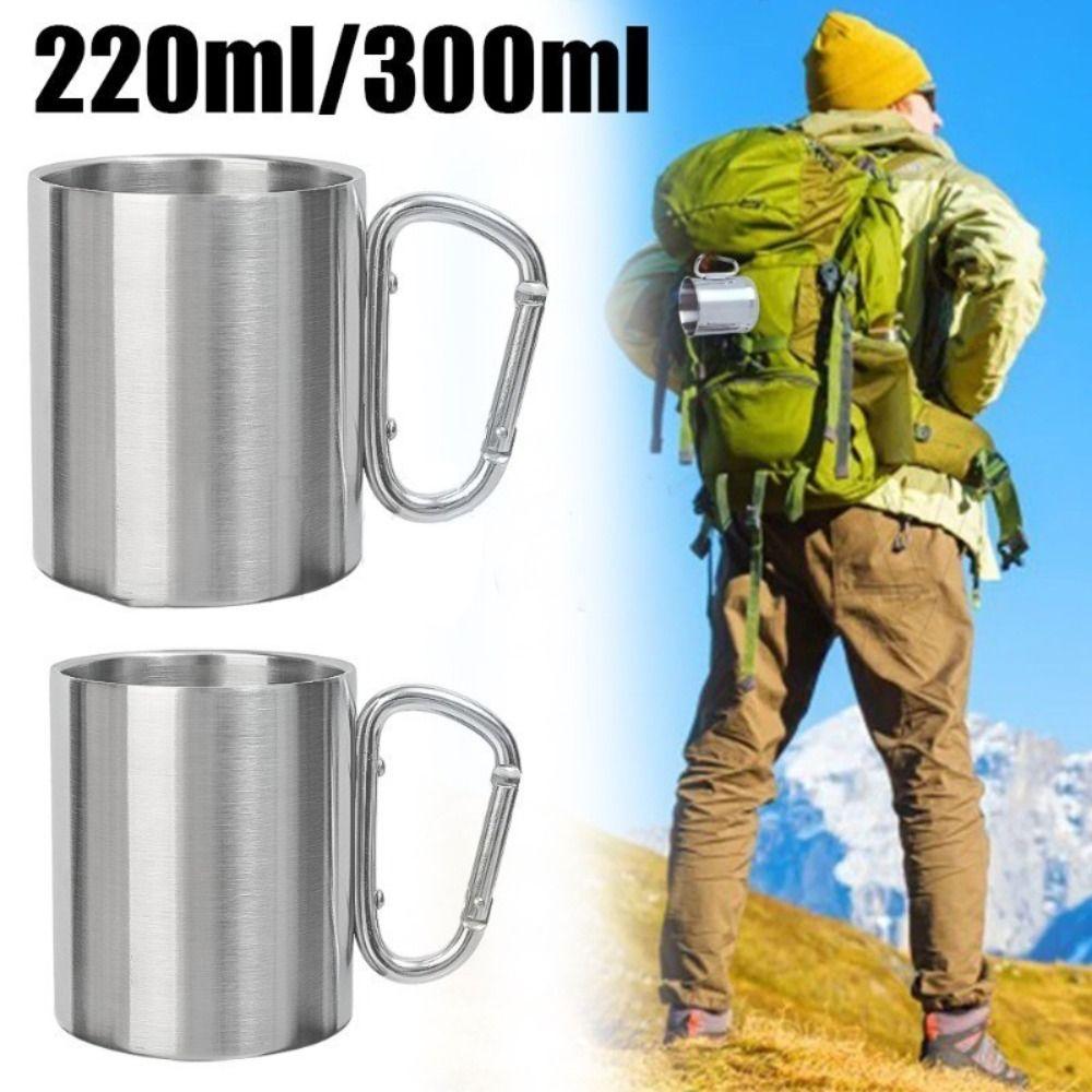 

1Pcs Portable Hike Cup Carabiner Hook Handle Outdoor Camping Mug Durable Stainless Steel Cup 220ml