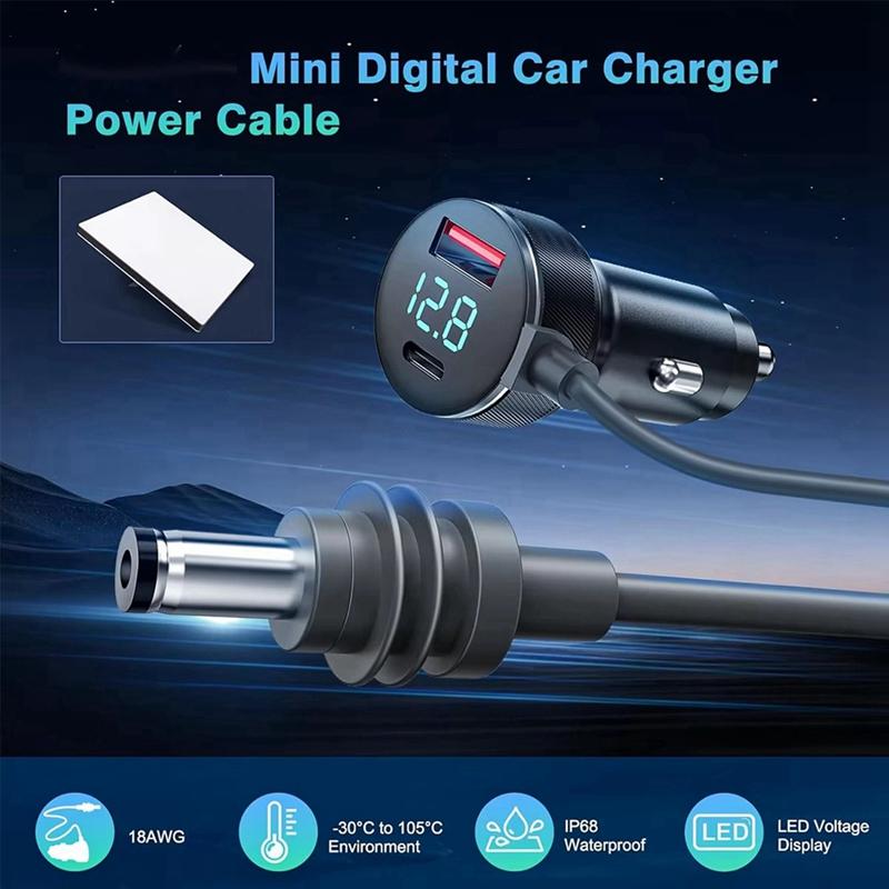 Mini Power Cable 12V-24V Socket Adapter To DC Power Cable with Type-C Port and Voltmeter 16.4Ft