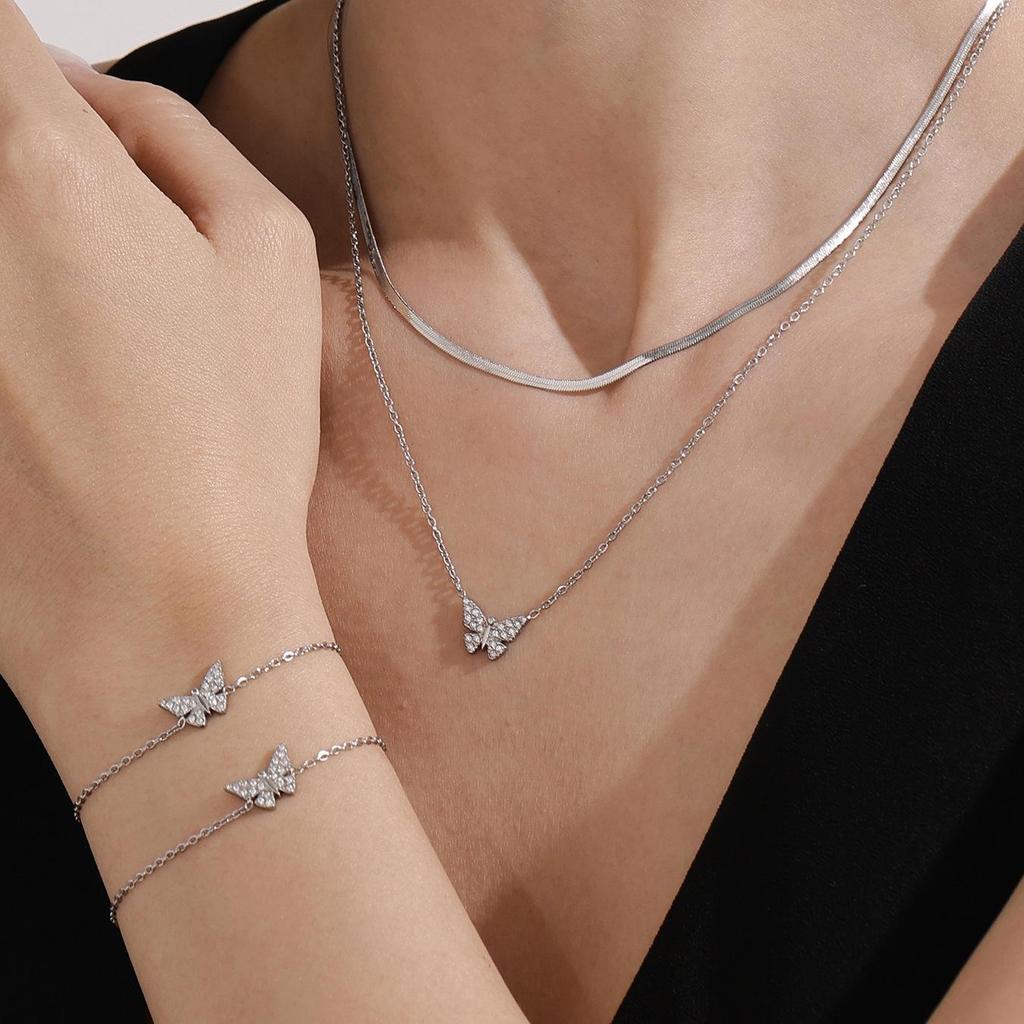 Oumaka Butterfly Zircon Clavicle Necklace & Bracelet Set - 5A Quality, Stainless Steel, Individual Design