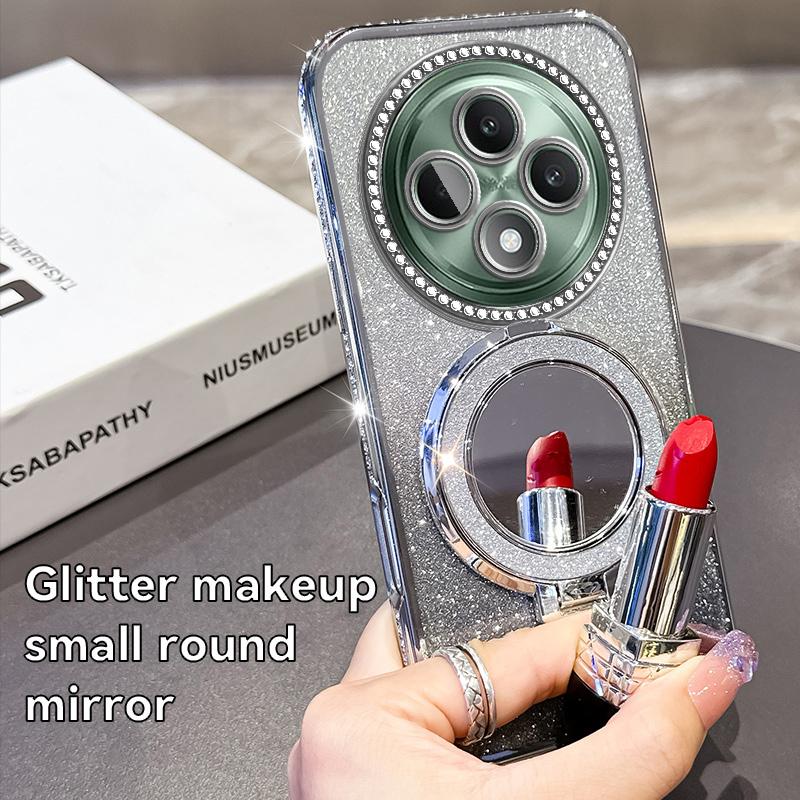 KEYSION Luxury Glitter Jewelled Magnetic Phone Case for OPPO Reno12 F 5G Makeup Mirror Stand Shockproof Cover for OPPO Reno 12F