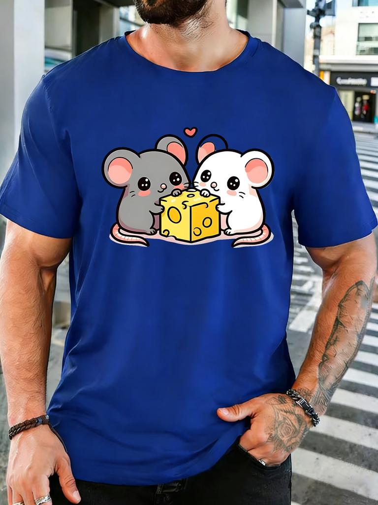 Unisex Crew Neck Tee Lovely Double Mice Cheese Heart Print Short Sleeve Top Summer Daily Outdoor Loose Soft Casual Basic Wear