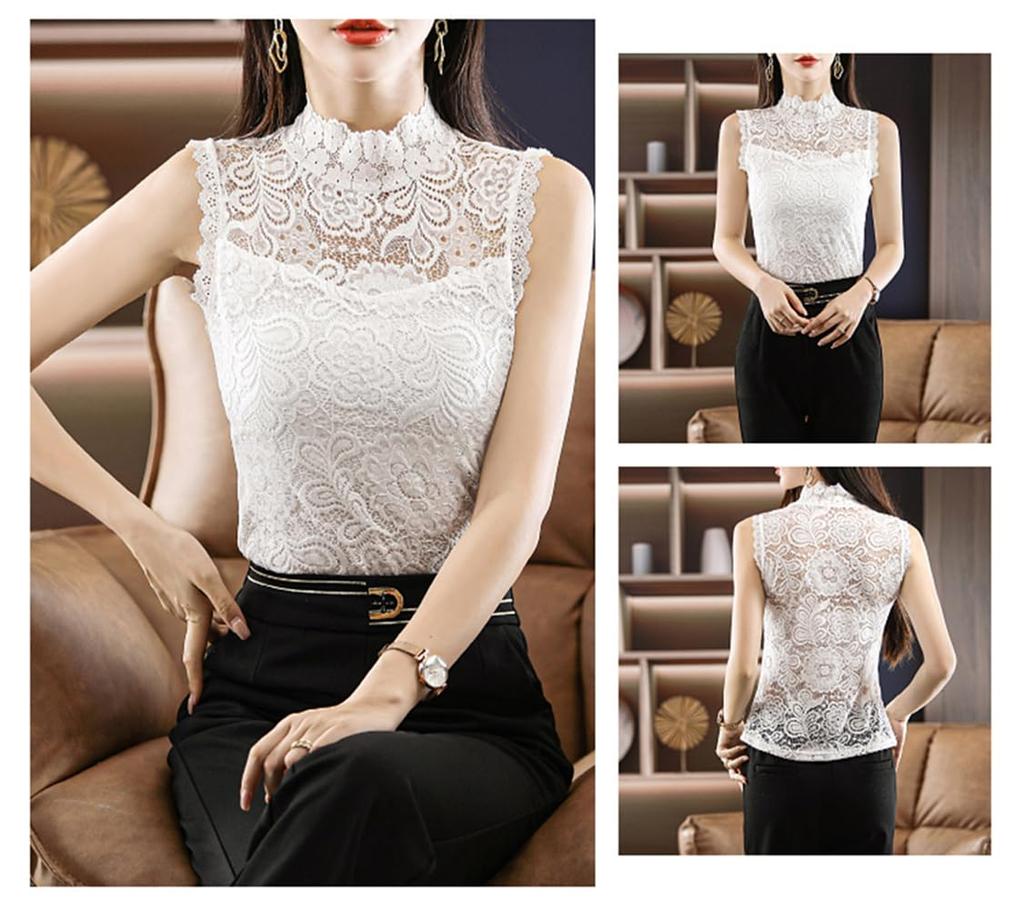 JIYUTOR Tank Short High Layered Sheer Top Size Women's Top, Camisole, Lace, Length, Sleeveless, Neck, Style, Thin, (White, 8)