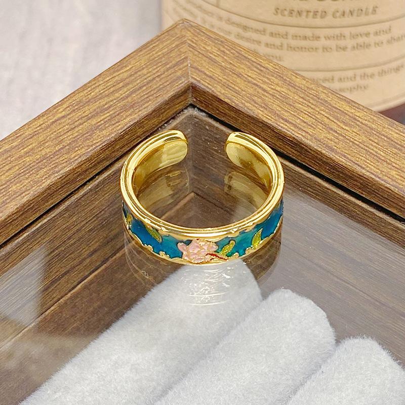 Medieval Vintage Colored Enamel Flower Butterfly Opening Ring Female Retro Niche High-End Light Luxury Ring