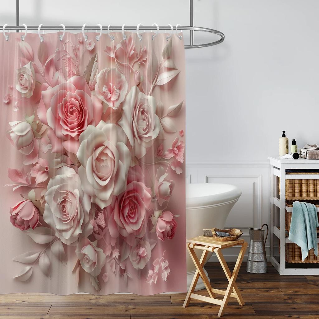 1PC 3D floral pattern printed shower curtain, with 12 hooks, suitable for bathroom showers, bathtub, home use