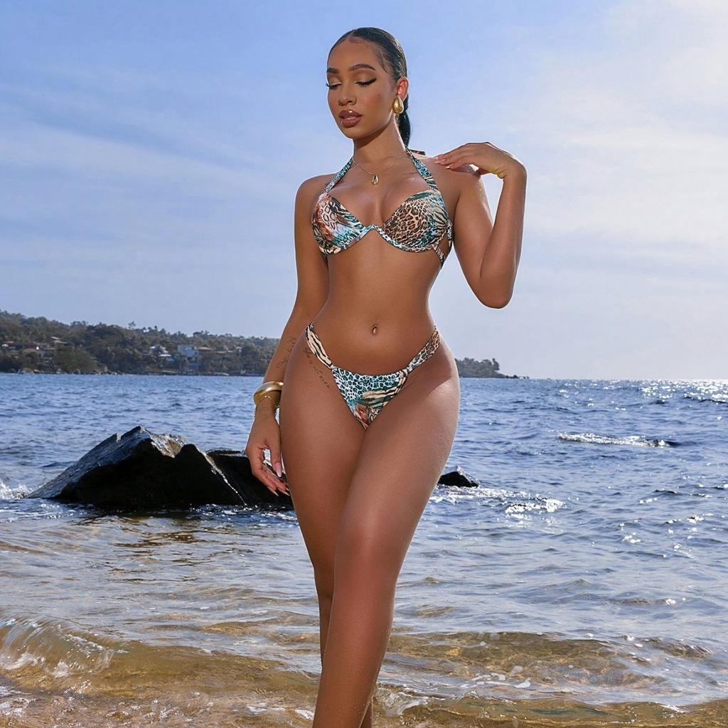 Europe And The United States Export Printed Bikini Swimsuit Steel Tray Sexy Split Triangle Backless Beach Vacation Swimsuit