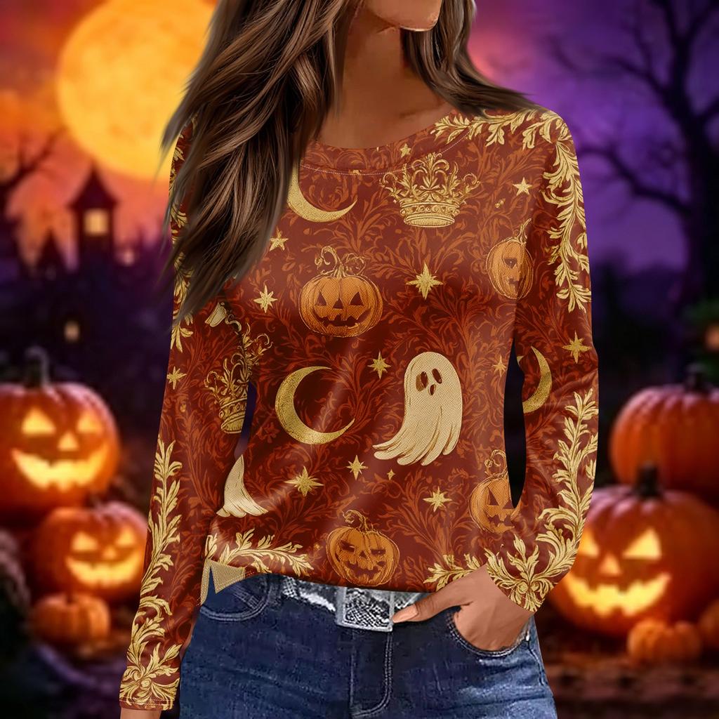 Women's Fashion Long Sleeve Neck Top with Slit Hem Halloween Print for Fall Party Occasion Wear