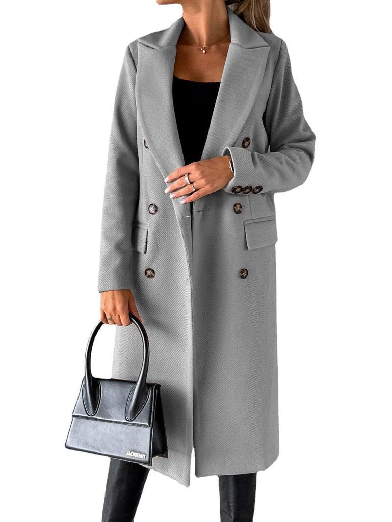 Women's Spring 2025 Versatile Woolen Double-Breasted Long Sleeve Coat with Welt Pockets