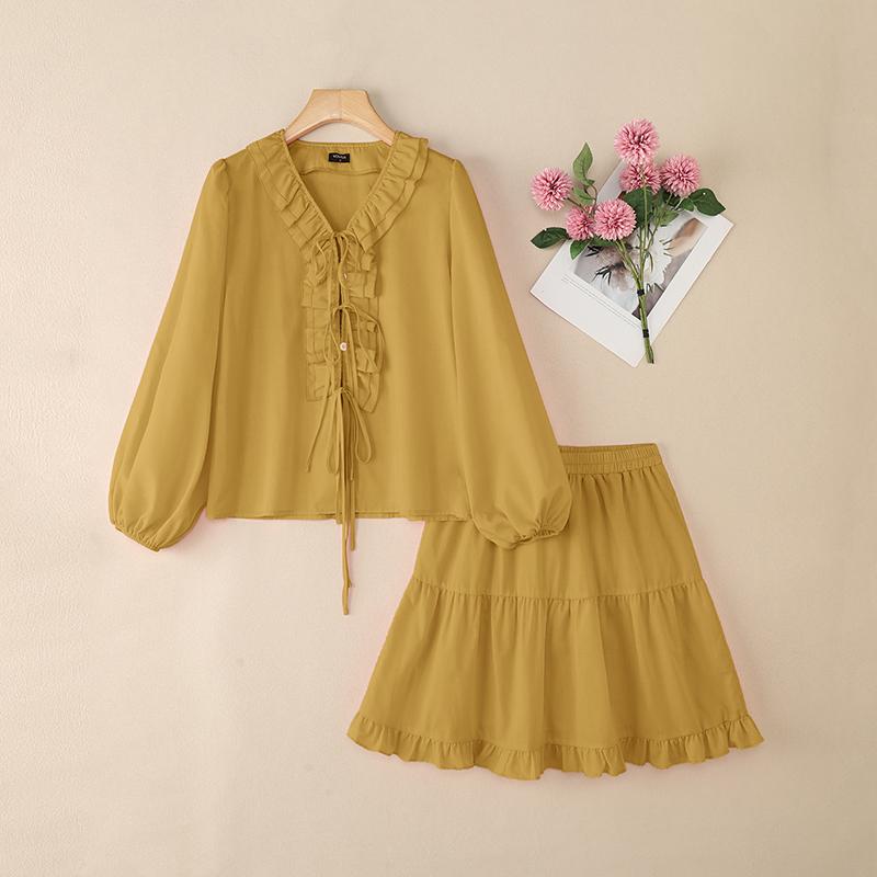

VONDA Two Piece Suit Women Ruffled Long Sleeve Blouse and Skirts Sets Outfits 5XL жёлтый