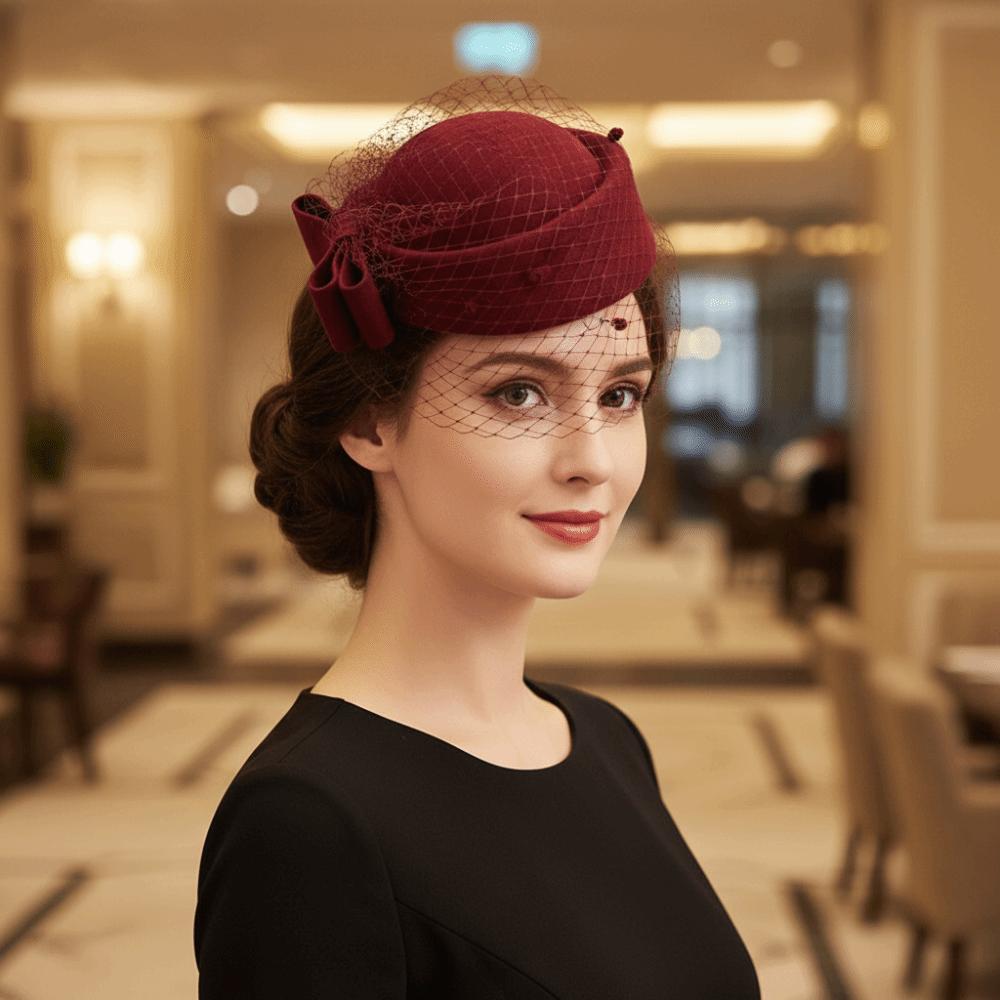 Mesh Pillbox Hat British Style Topper Hat Elegant Wool Bow Hat with Veil  Autumn Winter
