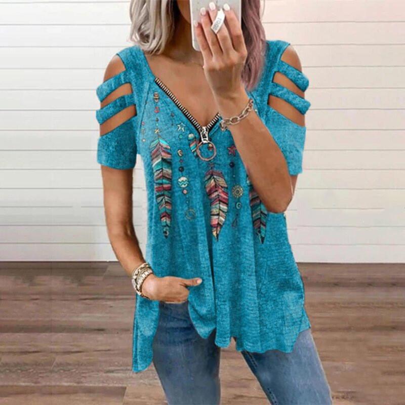 2023 European & American Women's V-Neck Zipper Floral Short-Sleeve Loose T-Shirt