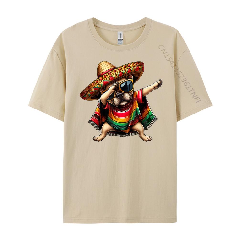 Dabbing Frenchie Dog Sombrero Mexican Poncho Cinco De Mayo Graphic T Shirts Men Cotton Camisetas  Breathable