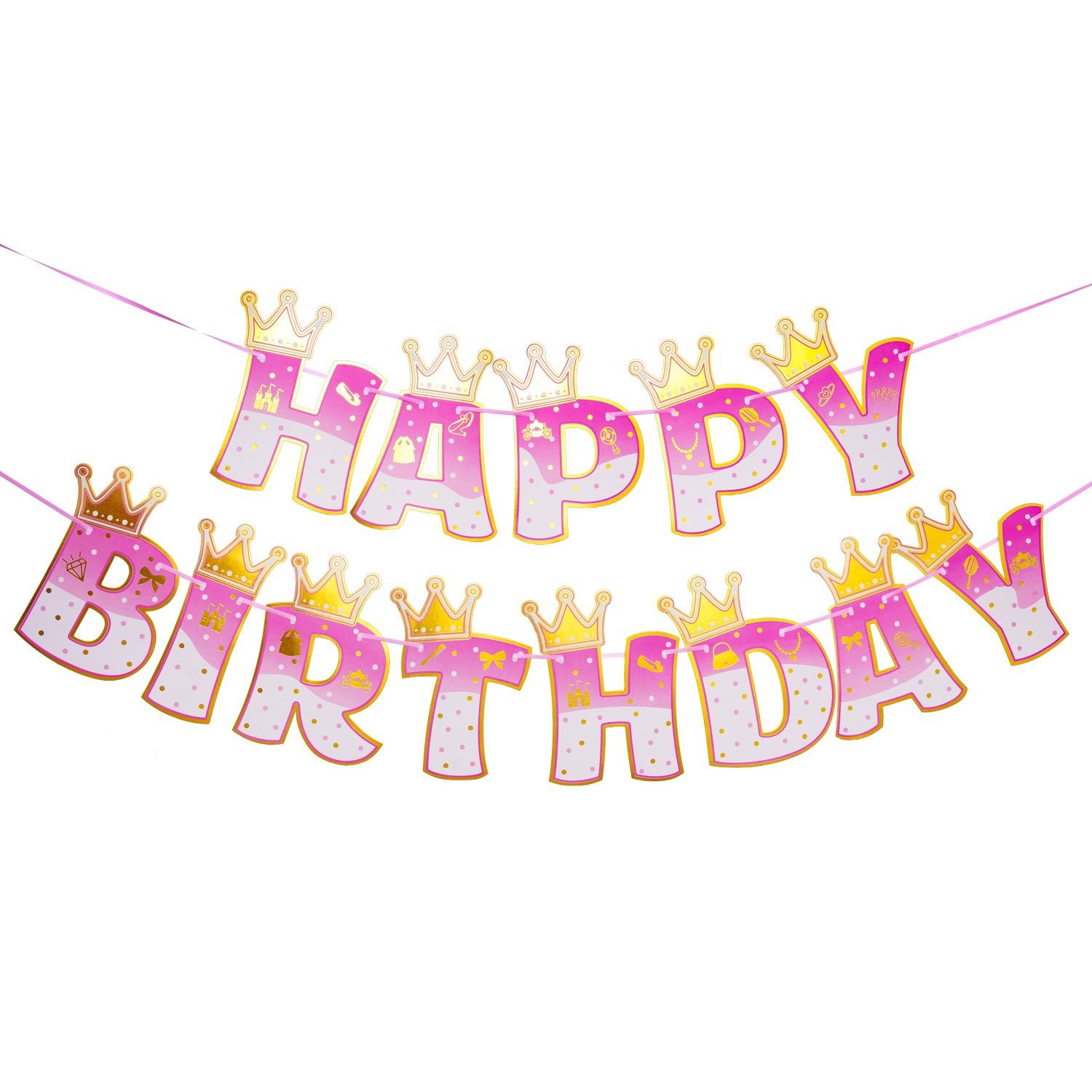 Pink Stamping Gold Crown Theme Birthday Banner Princess Girl Birthday Decoration Pink Gold Crown Garlands Babyshower Decoration
