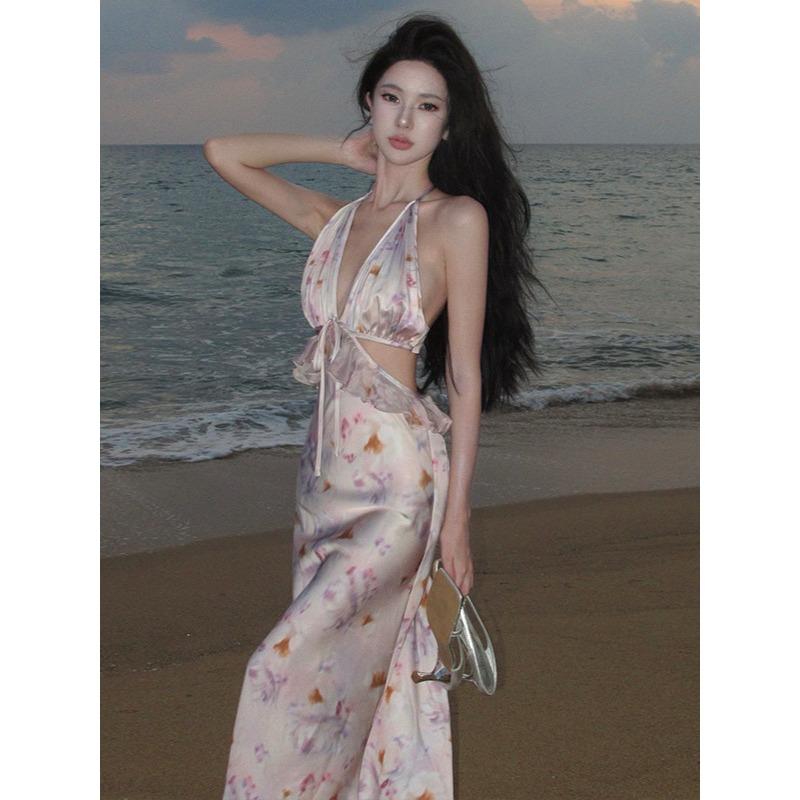 Design Hollow Waist Sexy Fashion Halter Neck Dress Women s Summer Seaside Vacation Dress S