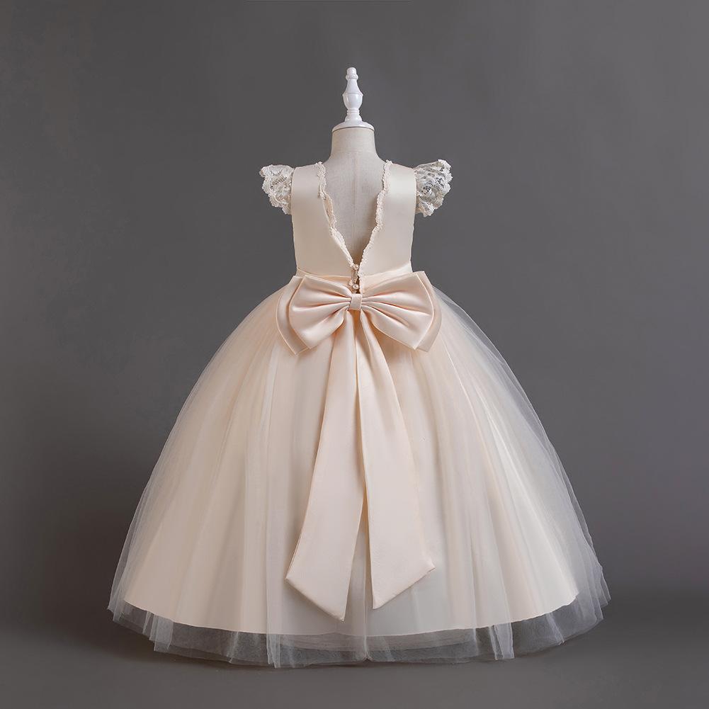 Champagne Big Bowknot European Lace Wedding Bridesmaid Dress Is Suitable For Girls' Spring Long Piano Evening Performance Attire