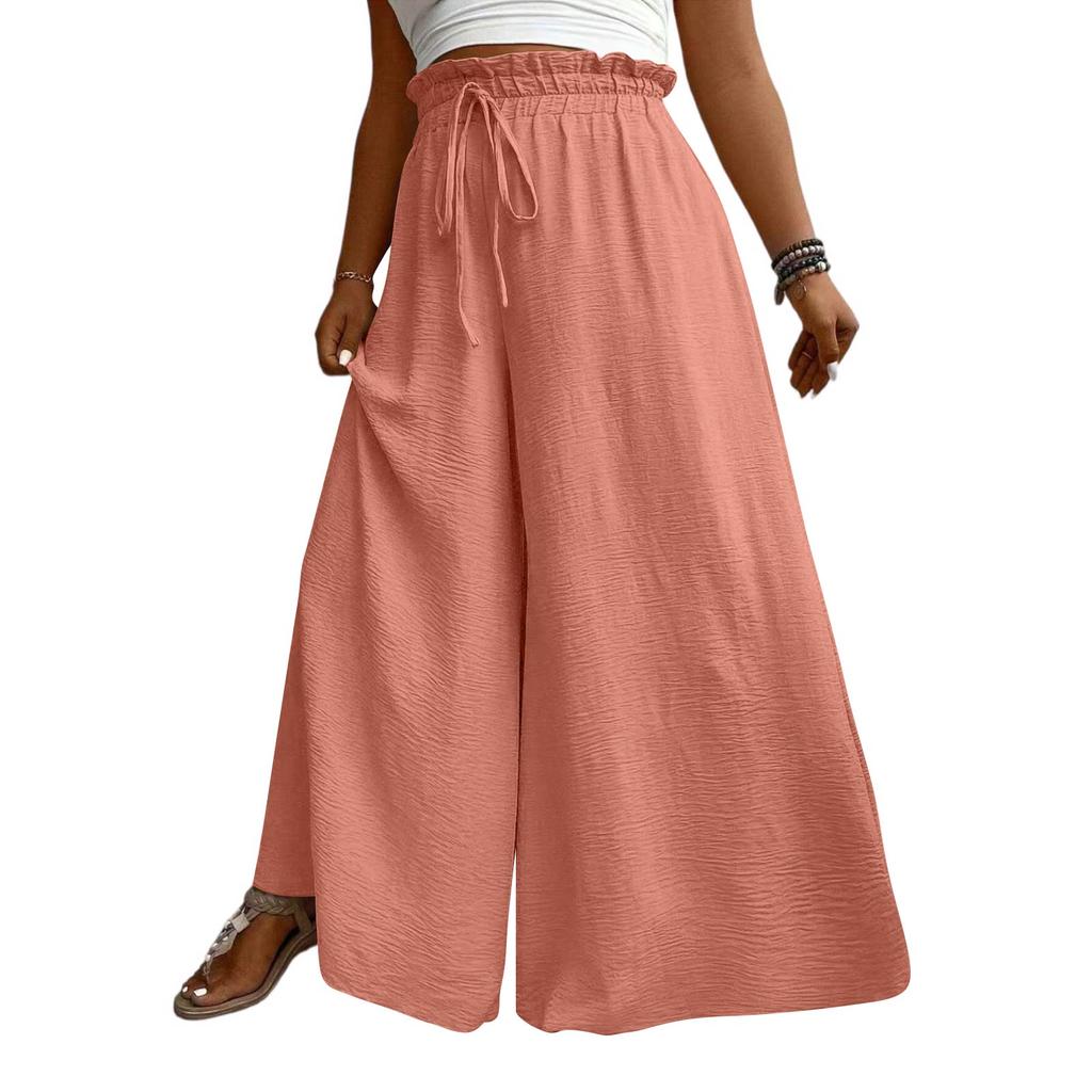 Women High Waist Wide Leg Palazzo Pants Drawstring Elastic Waist Loose Fit Flowy Long Trousers with Pockets for Casual Daily Wear