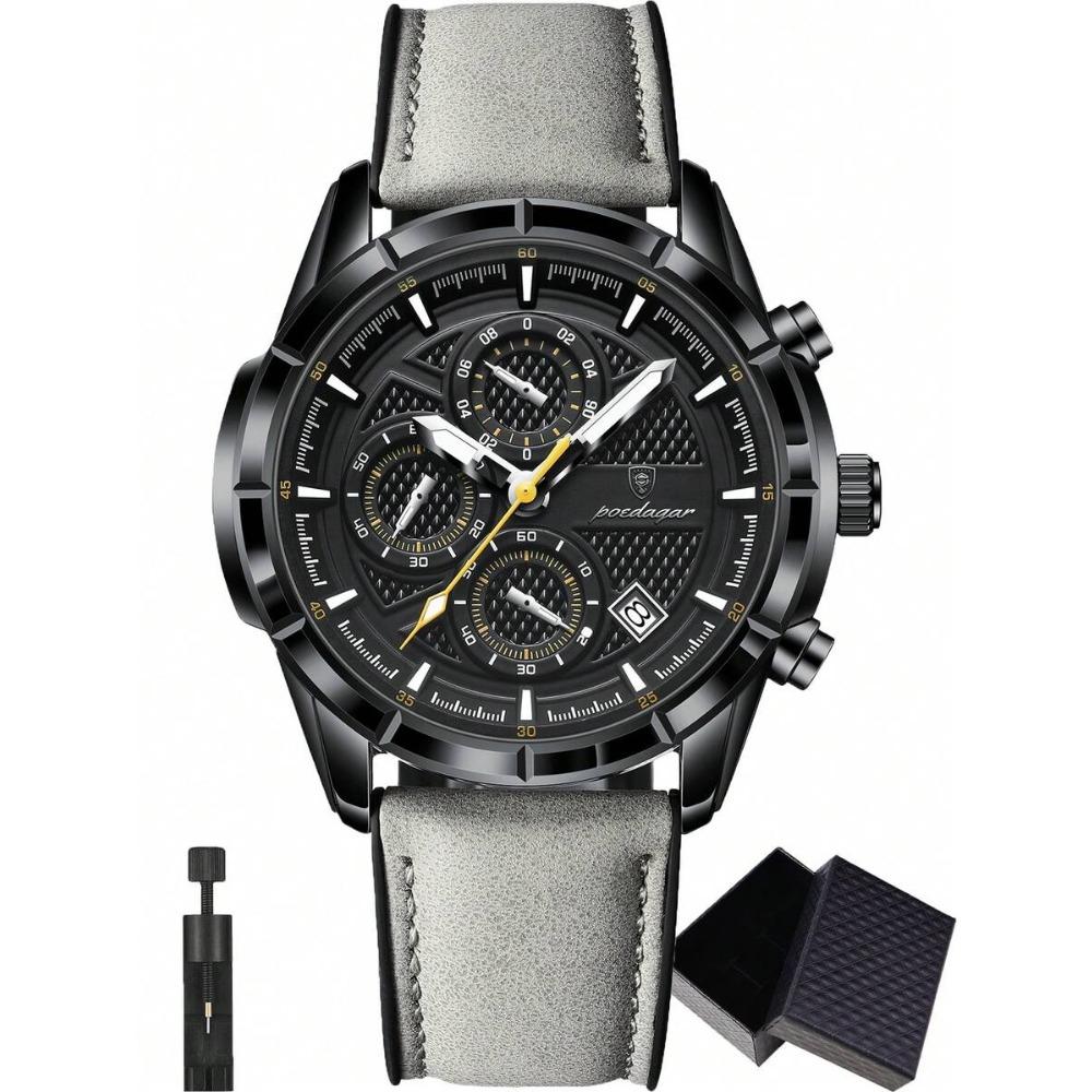POEDAGAR 1pc Men's Fashion Casual Wristwatch, PU Leather Strap Quartz Watch,Waterproof Luminous Date Chronograph Design, Gift For Men