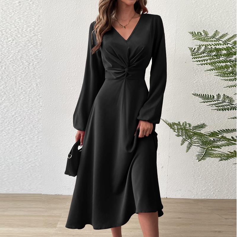 Spring and Summer Fashion V-Neck Lantern Long Sleeved Dress with Twisted Edges, Elegant Mid Length Dress