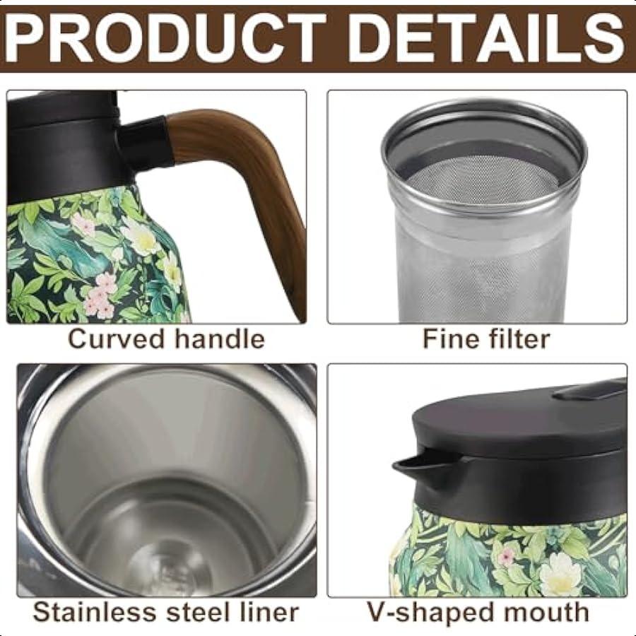 2025 Vintage Floral Tea  1L Stainless Steel Insulated Tea Pot with Builtin Infuser Ideal for Green Tea Coffee and Home or Offic