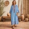 Abito Lungo Boho Casual da Donna, Estivo Lungo Bohémien con Stampa Ricamata, Manica 3/4 Scollo a V Svasato, Abiti da Vacanza con Tasche