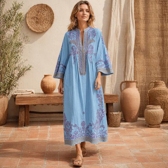 Abito Lungo Boho Casual da Donna, Estivo Lungo Bohémien con Stampa Ricamata, Manica 3/4 Scollo a V Svasato, Abiti da Vacanza con Tasche