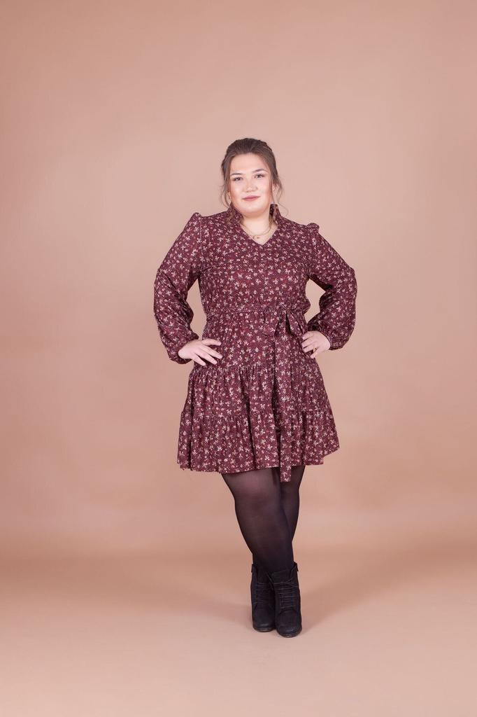 Women's Big Size Dress Plus Size Burgundy Velvet Floral Patterned Collar Detail Dress
