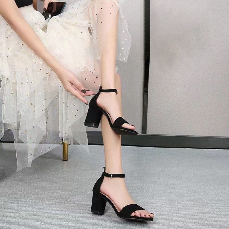 Open-toed Thick-heeled Women's Sandals Summer New Versatile Fairy One-word Buckle High Heels Woman