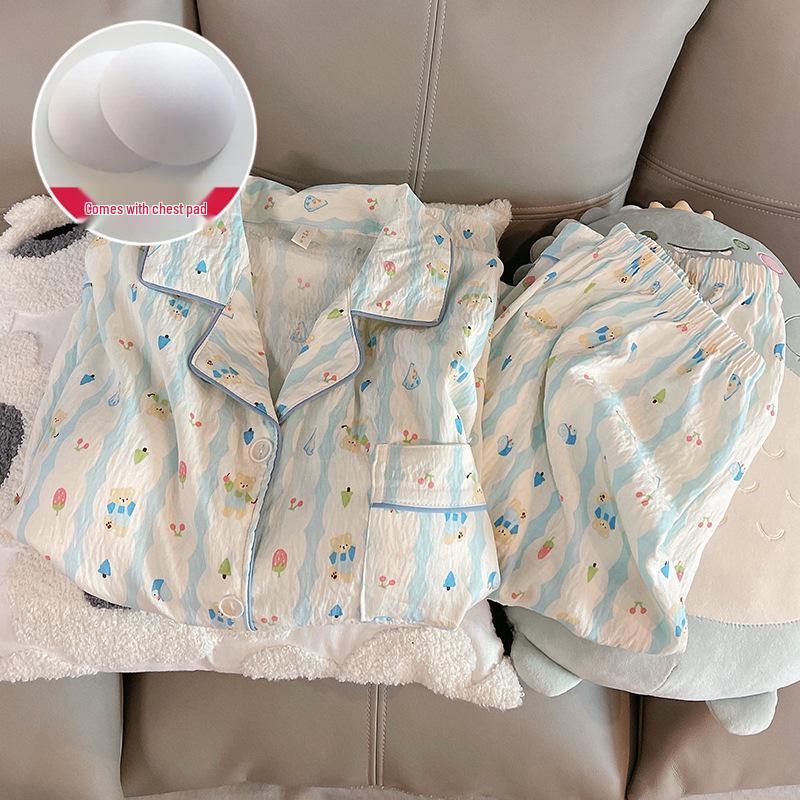 Damen Cartoon Pyjama-Set aus Wolkenbaumwolle mit Brustpolster - Langarm-Cardigan und Revers für Frühling und Herbst