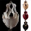 Women's Stand Collar Long Sleeve Slim Fit High Waist Vintage Irregular Midi Dress Lace Hollow