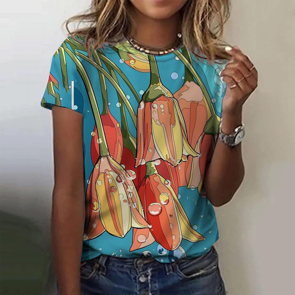 2025 Summer Women's Round Neck T-Shirt Fashion Printed Flower Pattern Top Simple Design Harajuku Short Sleeve T-Shirt