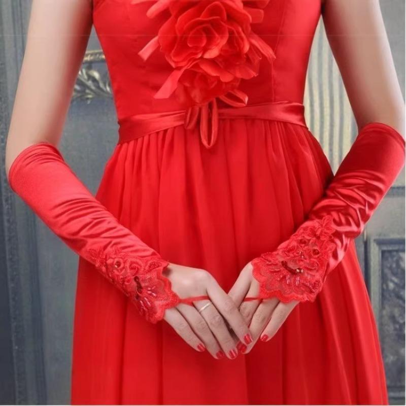 

Mary Long pearl fingerless wedding gloves bridal red gloves One size fits all червоний