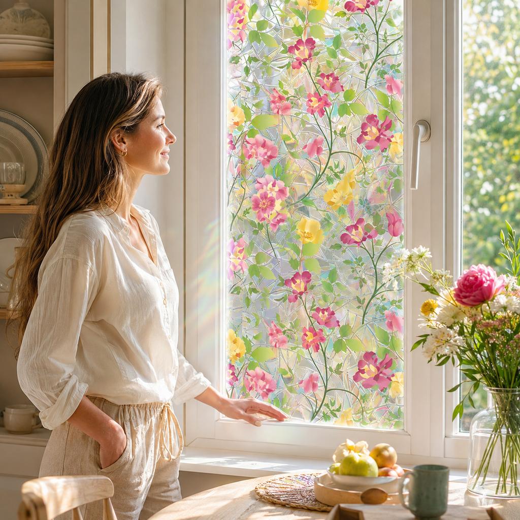 Colorful Floral Static Cling Window Film for Glass, Visible Both Sides, Wall Sticker Home Decor, 45*200 cm