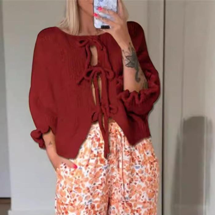 Solid Color Ruffles Three-quarter Sleeves Cardigan Women‘s - Knit Sweater Drawstring Open Front