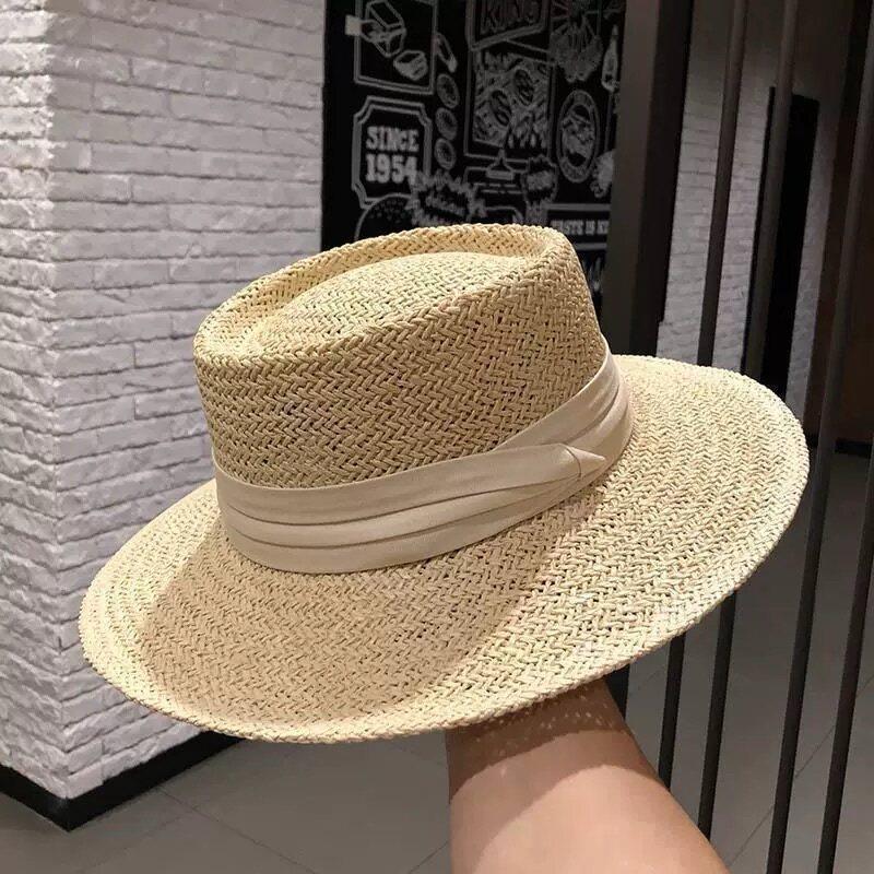French retro old money wind flat top woven straw hat women's summer seaside vacation sun protection sun hat beach top hat
