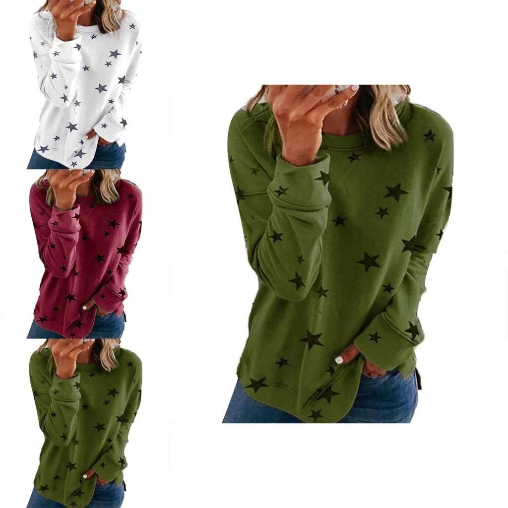 Damen Lässige Tunika Rundhalsausschnitt Langarm Sternenprint T-Shirt Top Bluse Für Täglichen Komfort Und Stil