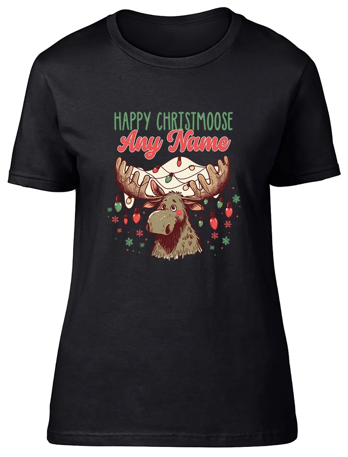 Personalised Any Name Happy Christmoose Christmas Womens T-Shirt Ladies Gift Tee XL