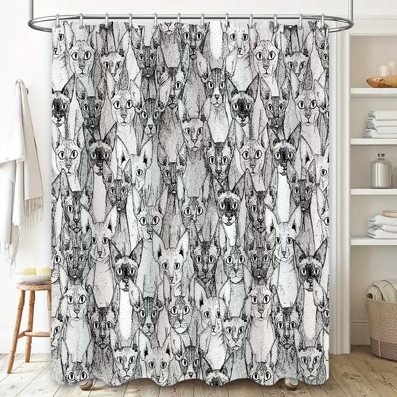 Cat Pattern Shower Curtain Artistic Black White Animal Print Bathroom Decor Modern Farmhouse Home Textile Washable Waterproof
