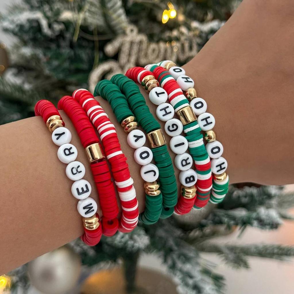 Salircon Cute Christmas Soft Ceramic Elastic Bead Bracelet Set for Women Trendy Simple Rope Chain Bangle Couple New Jewelry Gift