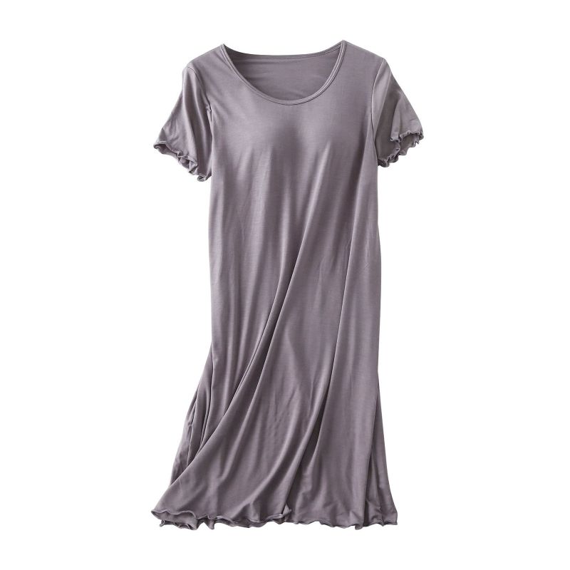 Women Casual Short Sleeve Nightgown Solid Color Pajama Dress with Bra Pad